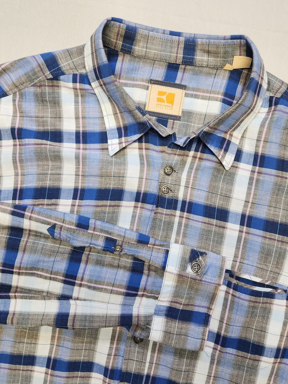 BOSS ORANGE Blue, Gray and White Plaid Long-Sleeve Button-Down Shirt